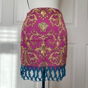Versace Pink and Gold Baroque Mini Skirt with Blue Fringe